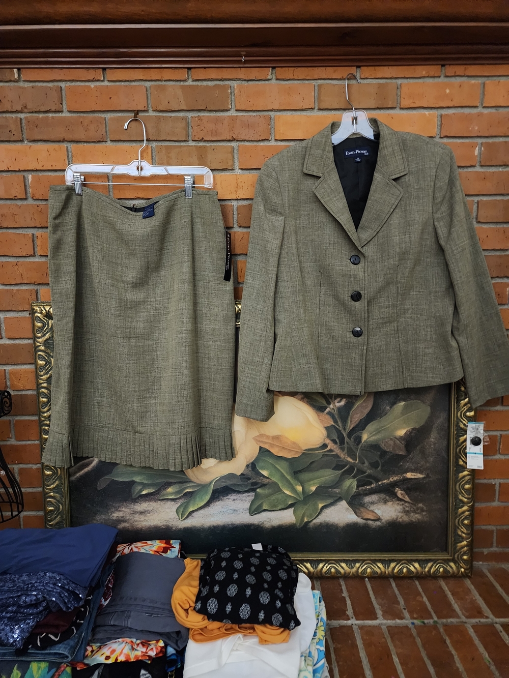 Evan Picone Olive Green Tailored Blazer and Pleated Hem Skirt Set. 16